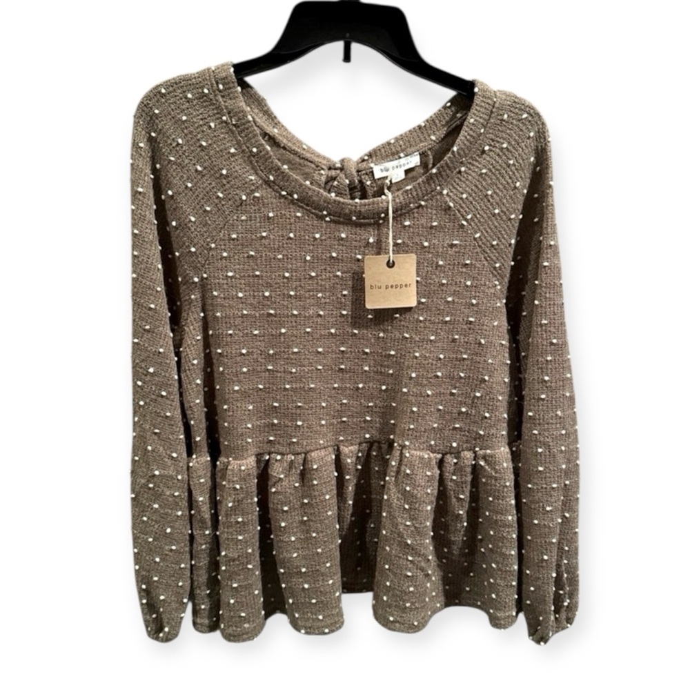 Blu Pepper Brown Peplum Blouse with White Dots